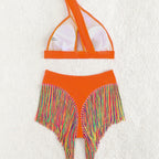 Rainbow Fringe One-Shoulder High-Waist Bikini
