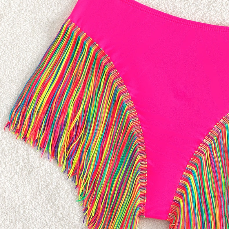 Rainbow Fringe One-Shoulder High-Waist Bikini
