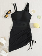 One-Shoulder Mesh Cutout Ruched Swim Dress