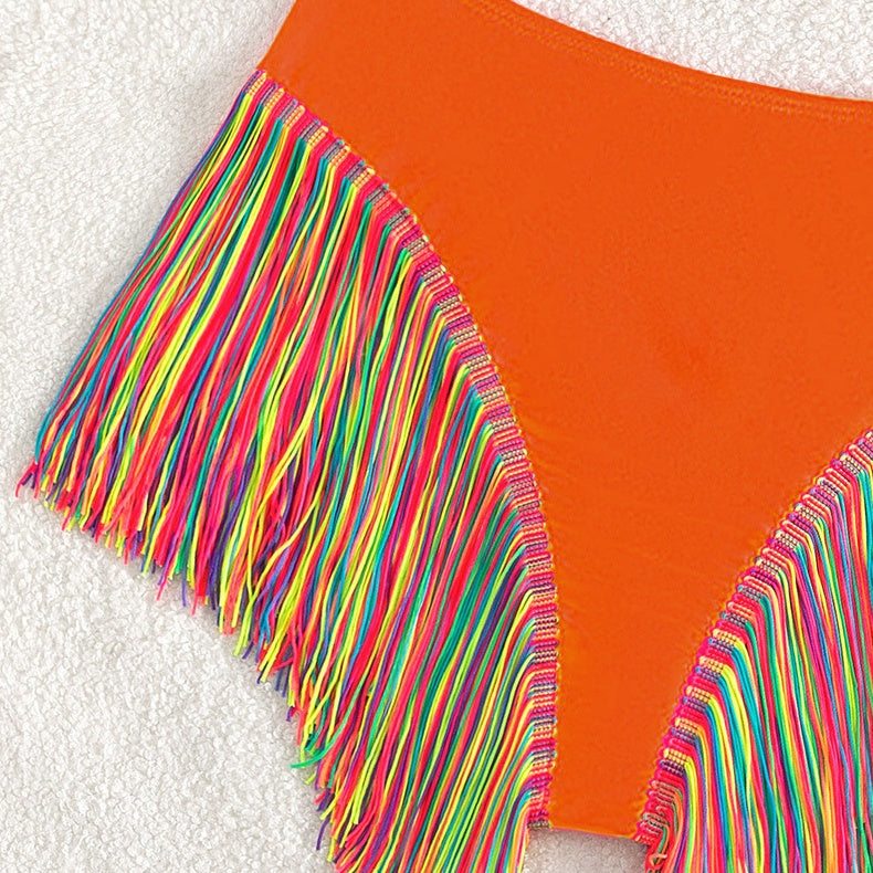 Rainbow Fringe One-Shoulder High-Waist Bikini