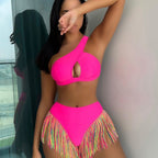 Rainbow Fringe One-Shoulder High-Waist Bikini