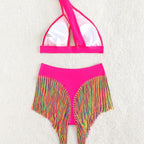 Rainbow Fringe One-Shoulder High-Waist Bikini