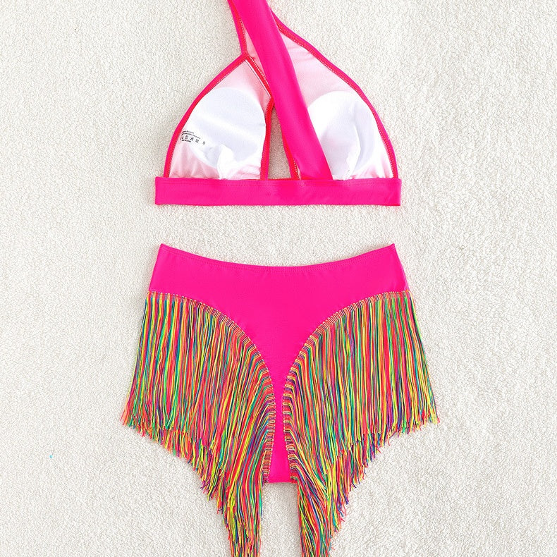 Rainbow Fringe One-Shoulder High-Waist Bikini