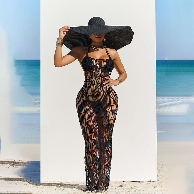 Hollowed-out fishnet fitted cover-up and bikini three-piece set