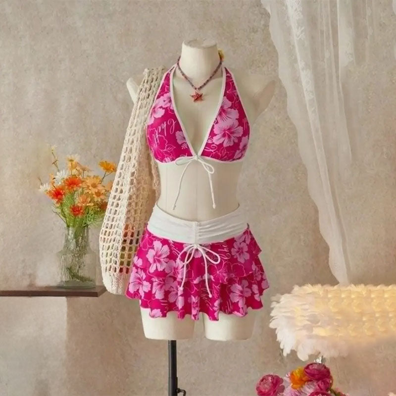Tropical Print Halter Bikini with Swim Skirt — 3-Piece Set