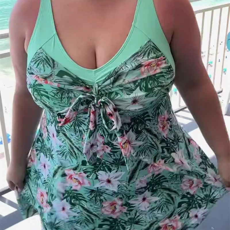 V-neck tropical floral print swimsuit and bottoms set