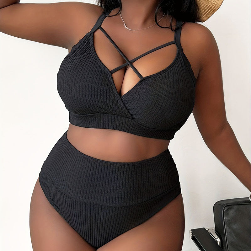 Plus-size crossover design high-waisted bikini swimsuit set