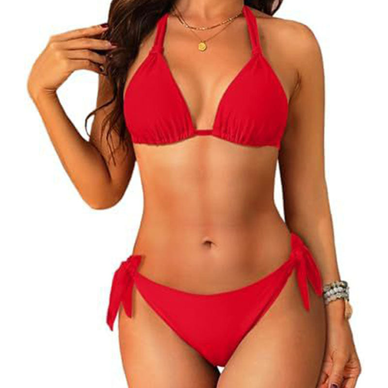 Halter-neck tie-strap bikini set