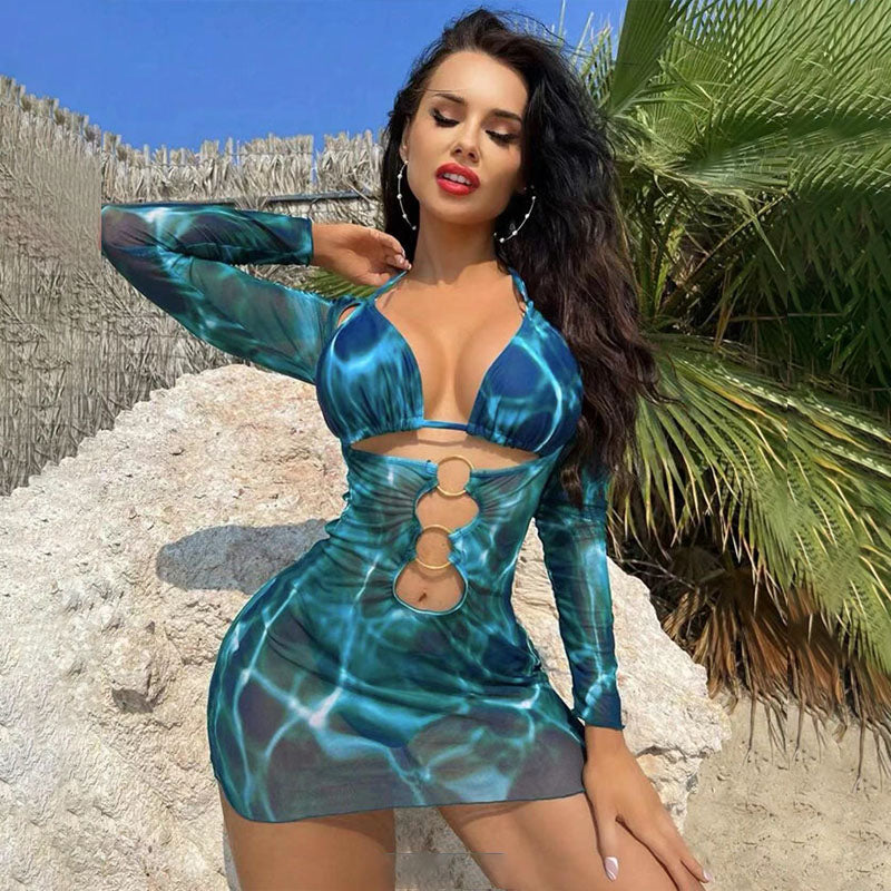 Lace-up triangle bikini and cut-out mesh cover-up set