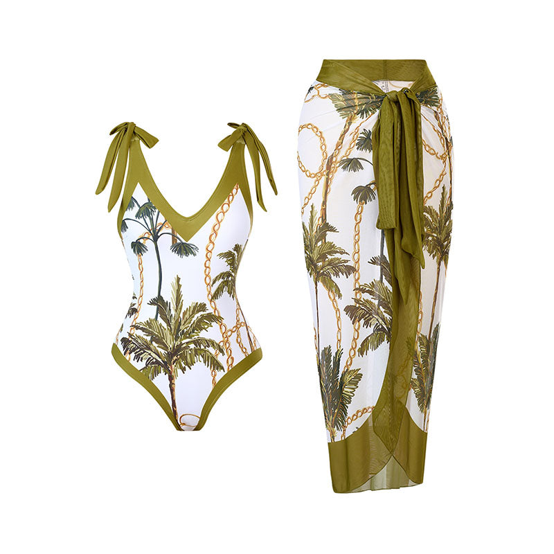 V-neck lace-up one-piece swimsuit and midi-length cover-up skirt set