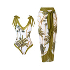 V-neck lace-up one-piece swimsuit and midi-length cover-up skirt set