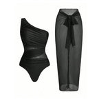 One-shoulder cut-out one-piece swimsuit and mesh cover-up skirt set