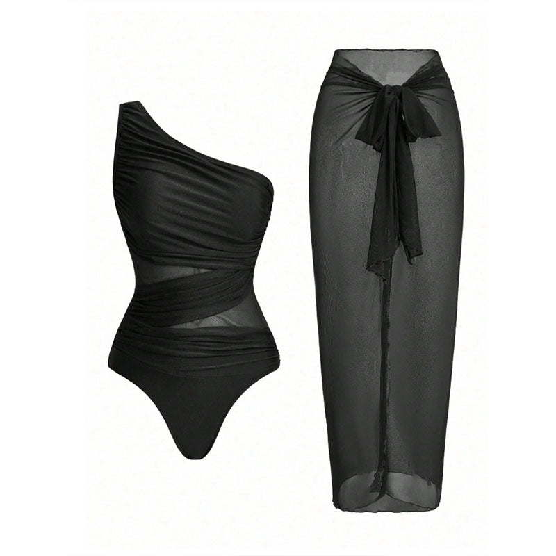 One-shoulder cut-out one-piece swimsuit and mesh cover-up skirt set