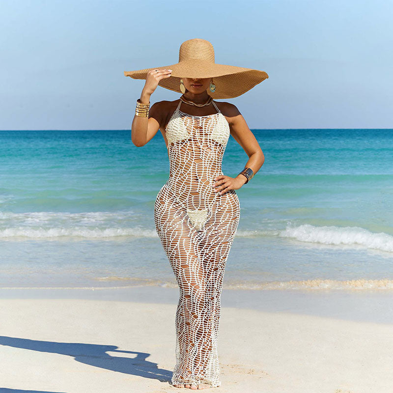 Hollowed-out fishnet fitted cover-up and bikini three-piece set