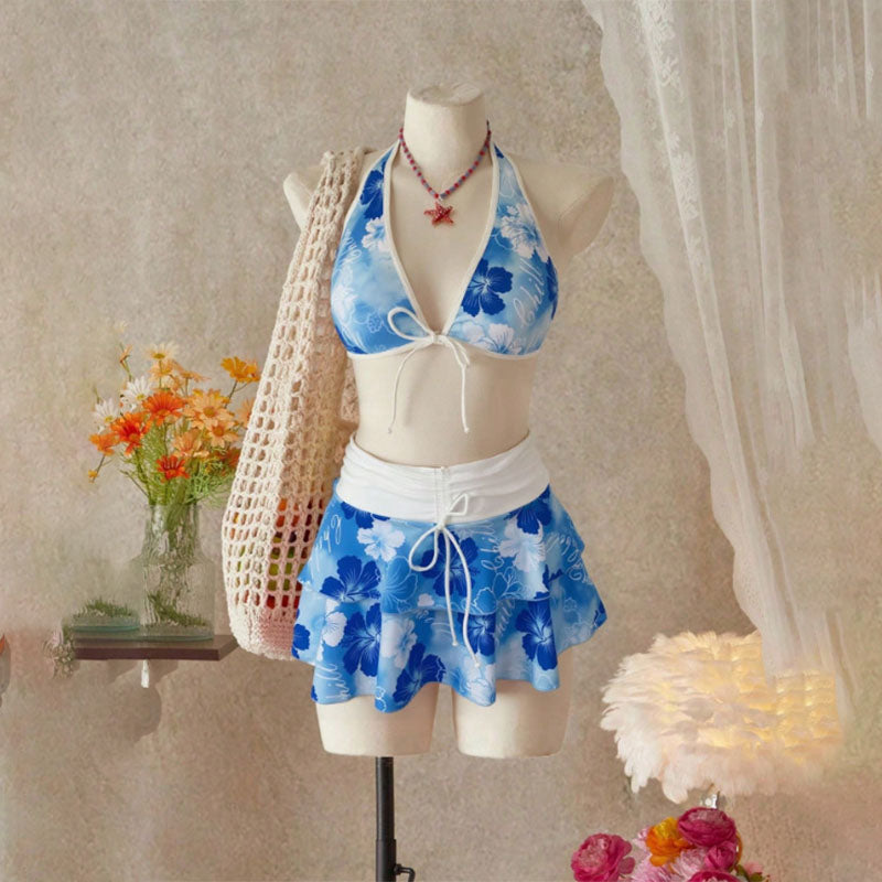 Tropical Print Halter Bikini with Swim Skirt — 3-Piece Set