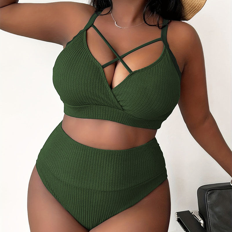 Plus-size crossover design high-waisted bikini swimsuit set