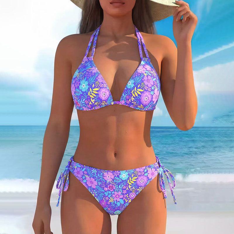 Tropical Print Halter Bikini Set
