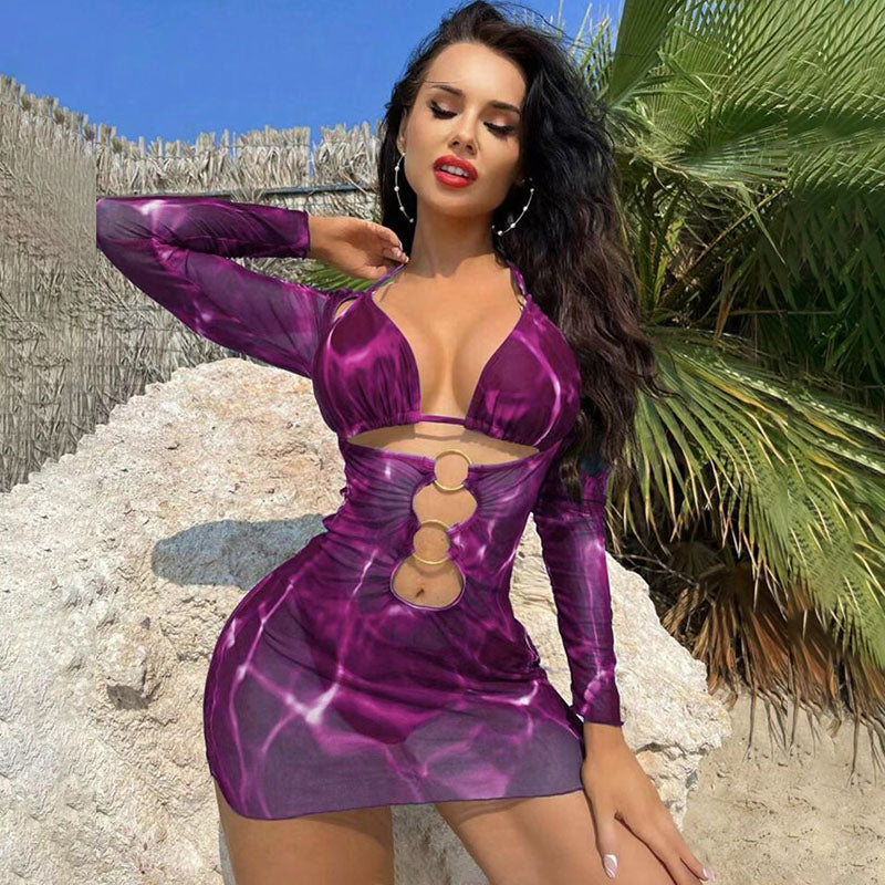 Lace-up triangle bikini and cut-out mesh cover-up set