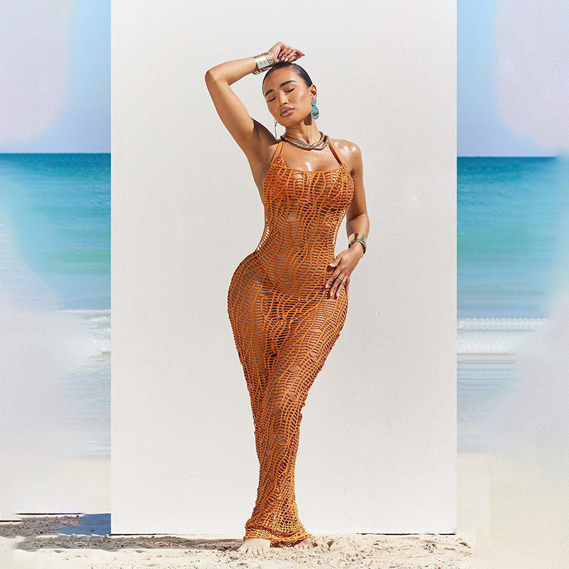 Hollowed-out fishnet fitted cover-up and bikini three-piece set