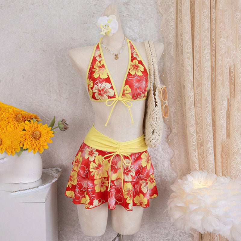 Tropical Print Halter Bikini with Swim Skirt — 3-Piece Set