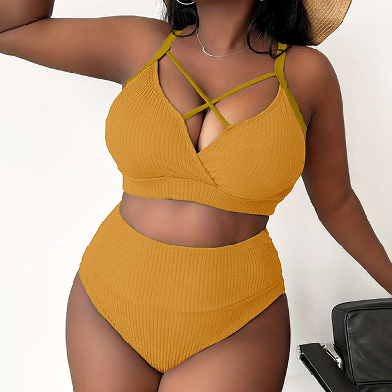Plus-size crossover design high-waisted bikini swimsuit set