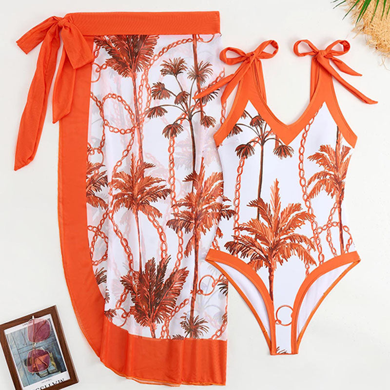 V-neck lace-up one-piece swimsuit and midi-length cover-up skirt set