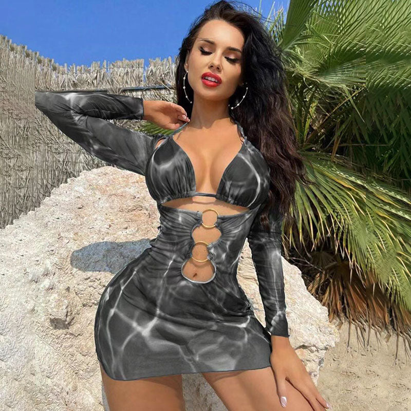 Lace-up triangle bikini and cut-out mesh cover-up set