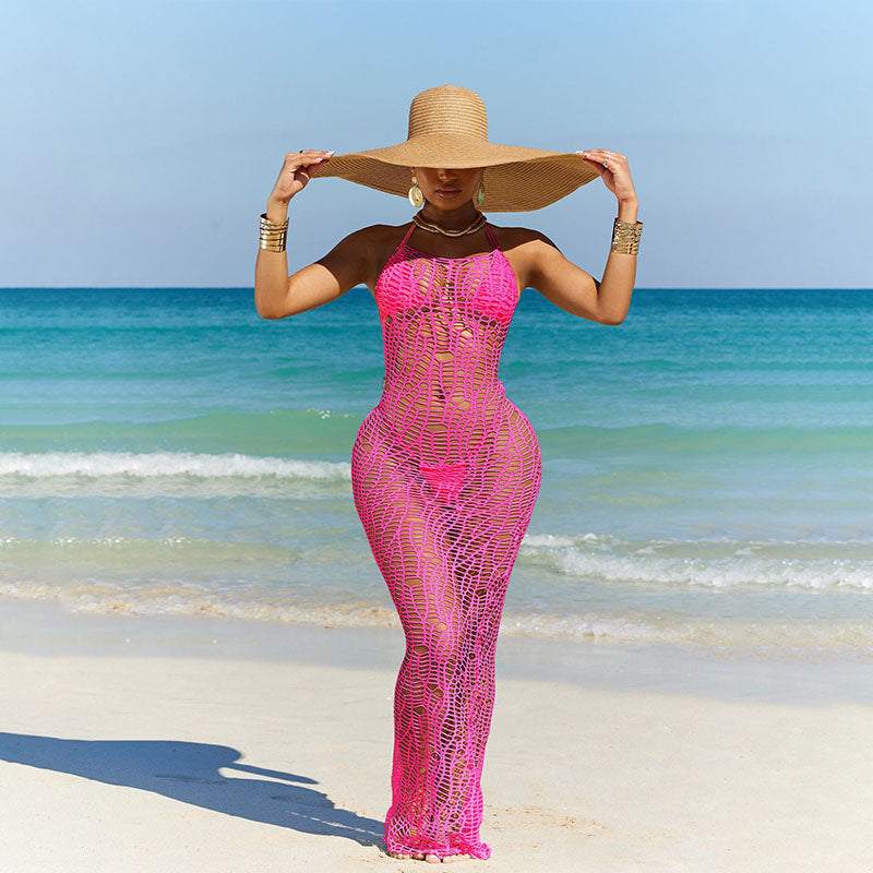 Hollowed-out fishnet fitted cover-up and bikini three-piece set