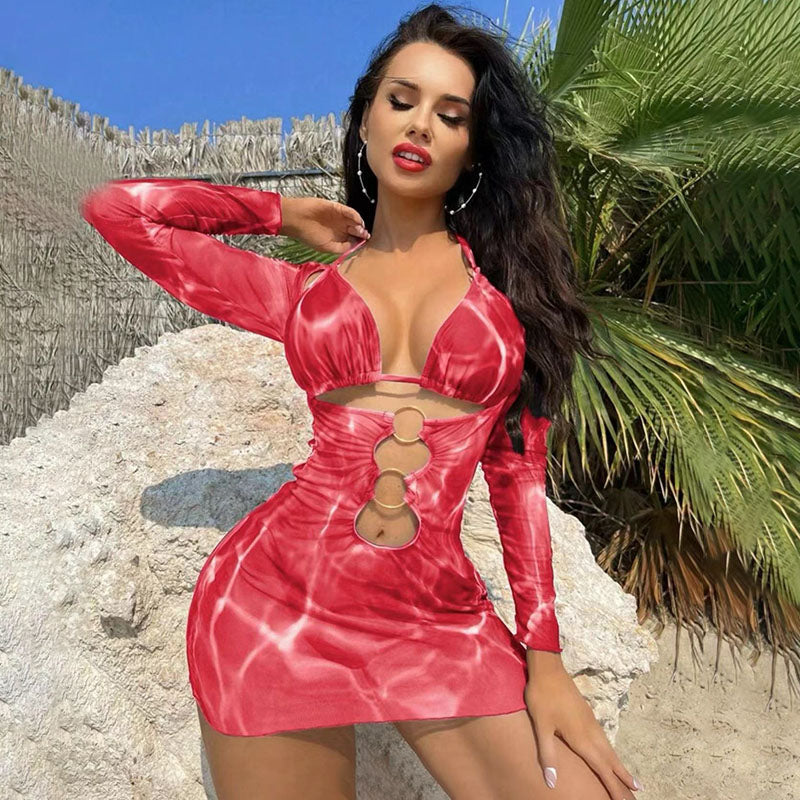 Lace-up triangle bikini and cut-out mesh cover-up set
