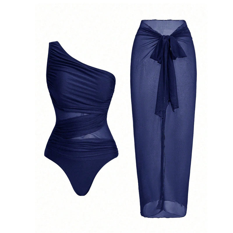 One-shoulder cut-out one-piece swimsuit and mesh cover-up skirt set