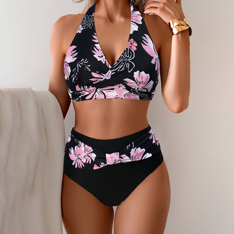 V-neck twist-front halter two-piece swimsuit set