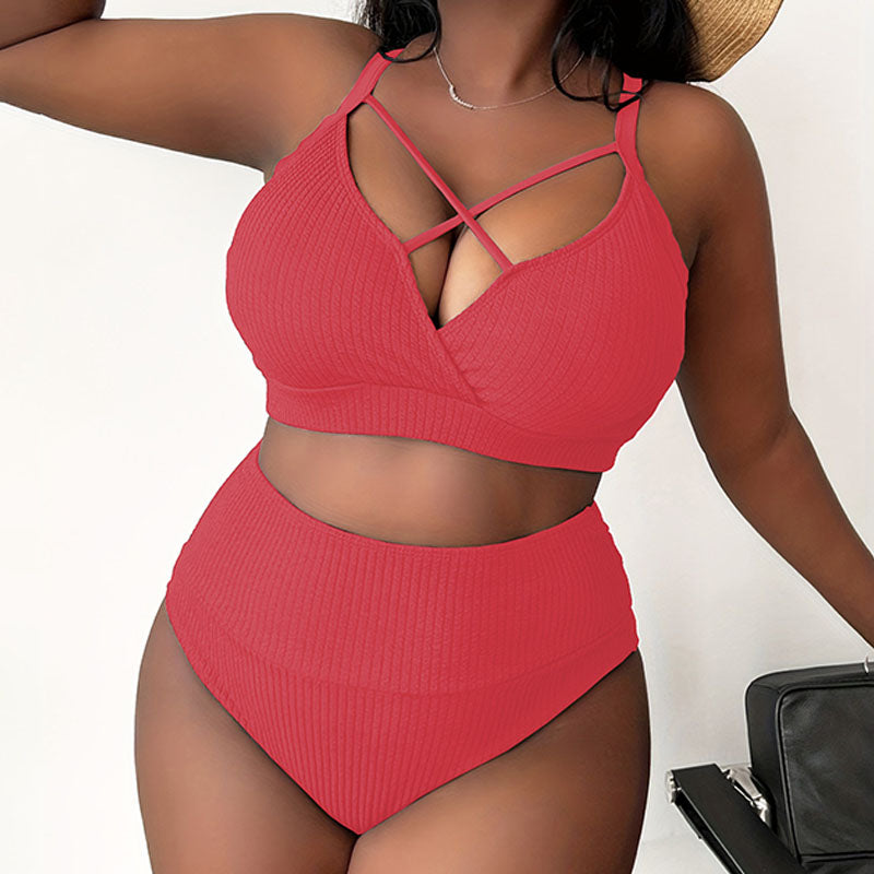 Plus-size crossover design high-waisted bikini swimsuit set