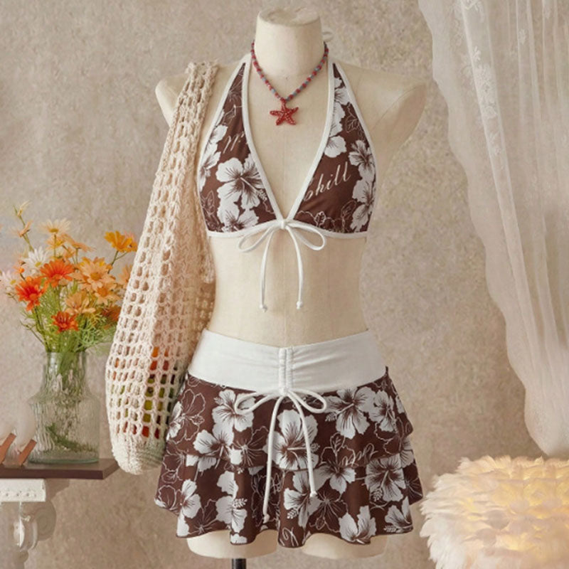 Tropical Print Halter Bikini with Swim Skirt — 3-Piece Set