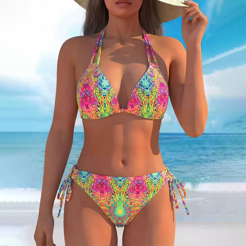 Tropical Print Halter Bikini Set