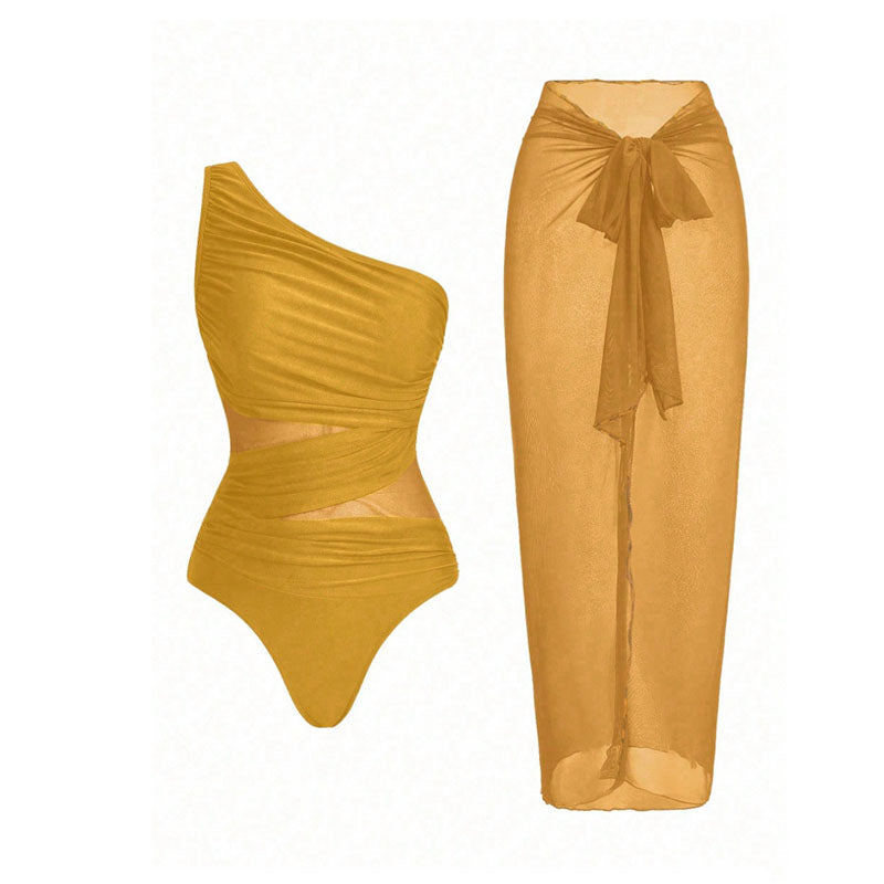 One-shoulder cut-out one-piece swimsuit and mesh cover-up skirt set