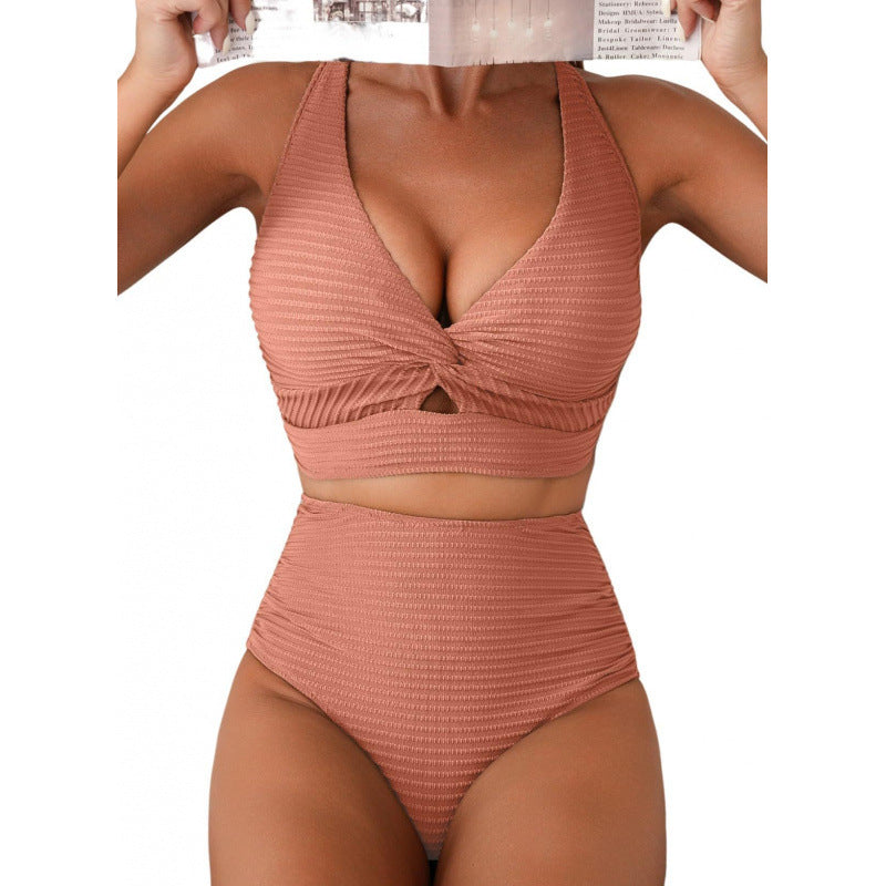 Front-twisted high-waisted textured two-piece swimsuit