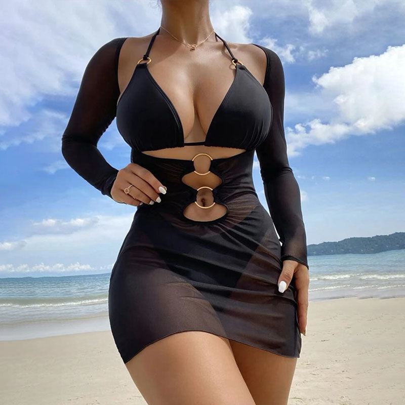 Lace-up triangle bikini and cut-out mesh cover-up set