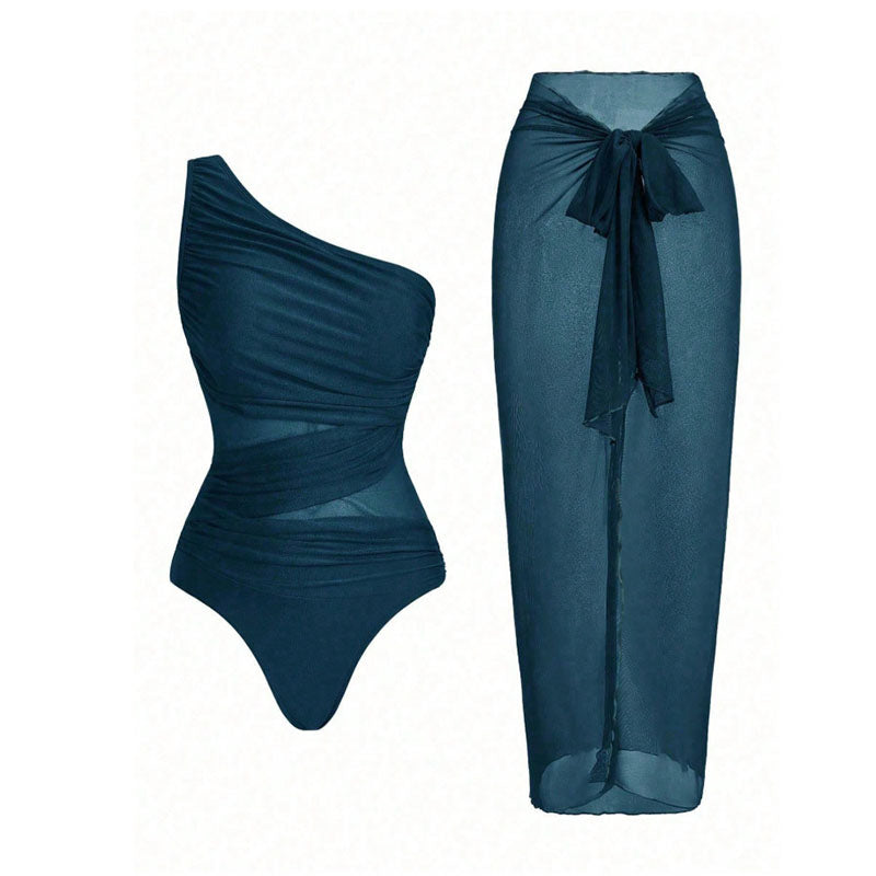 One-shoulder cut-out one-piece swimsuit and mesh cover-up skirt set