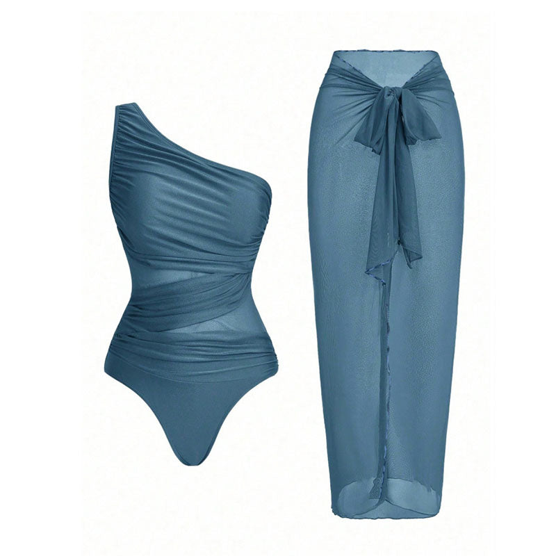 One-shoulder cut-out one-piece swimsuit and mesh cover-up skirt set