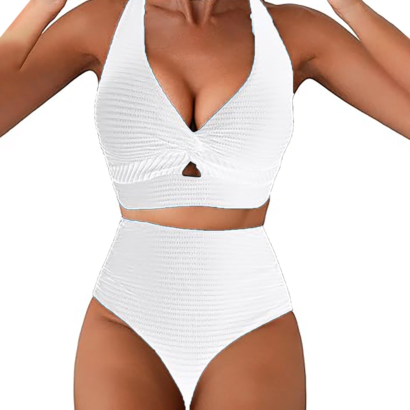 Front-twisted high-waisted textured two-piece swimsuit