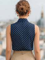 Chic Navy Blue Polka Dot Sleeveless Blouse With Bow Tie Neck