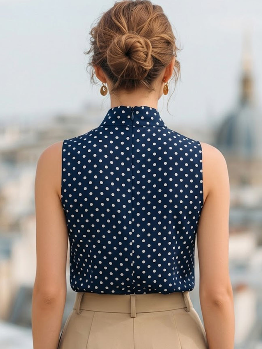 Chic Navy Blue Polka Dot Sleeveless Blouse With Bow Tie Neck