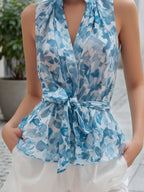 Sleeveless Printed Chiffon Tie-Waist Blouse
