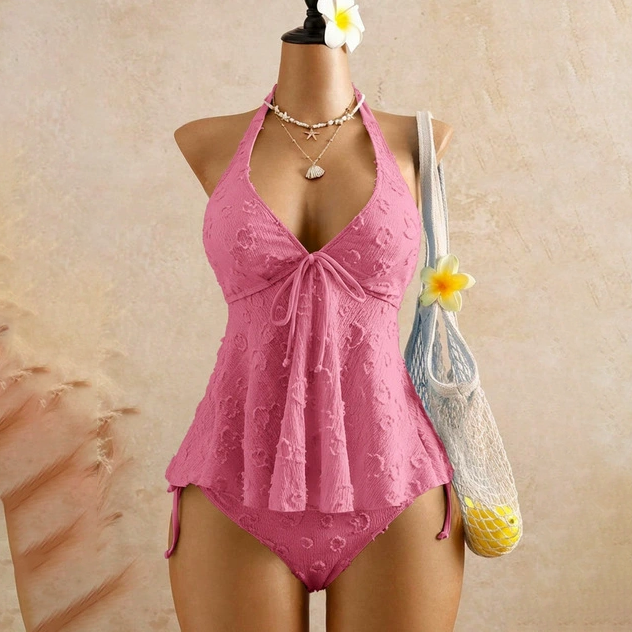 Textured halter neck two-piece swimsuit
