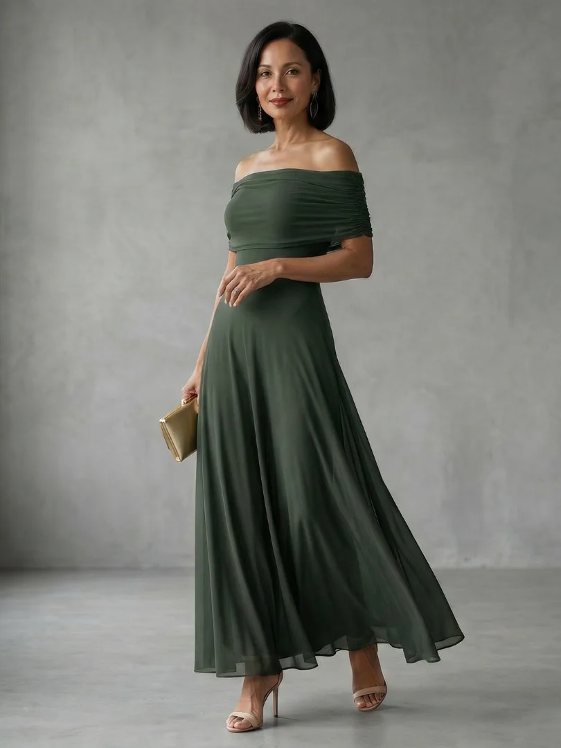 JUNE™ - OFF SHOULDER DRAPED MIDI DRESS