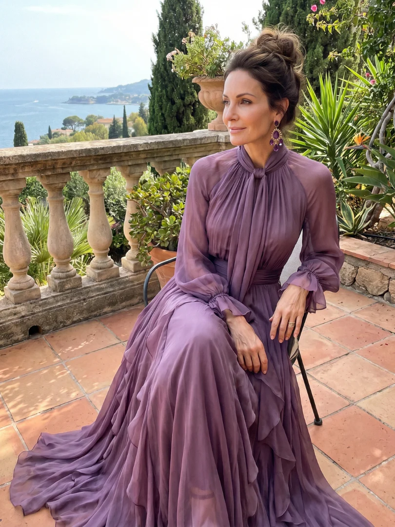 DEMETRIA™ - TIE NECK RUFFLE TIERED MAXI DRESS
