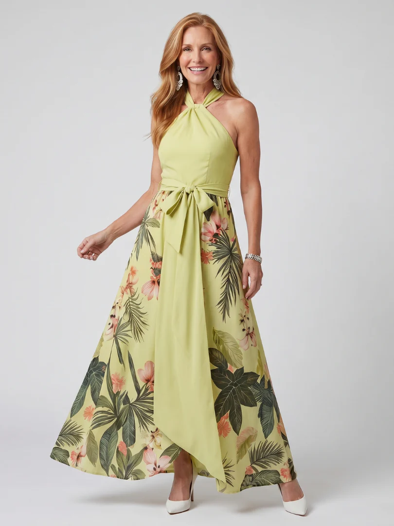 MEADOW™ - DRAPED HALTER BOTNICAL PANEL MAXI DRESS