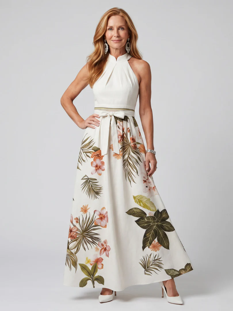 MEADOW™ - DRAPED HALTER BOTNICAL PANEL MAXI DRESS