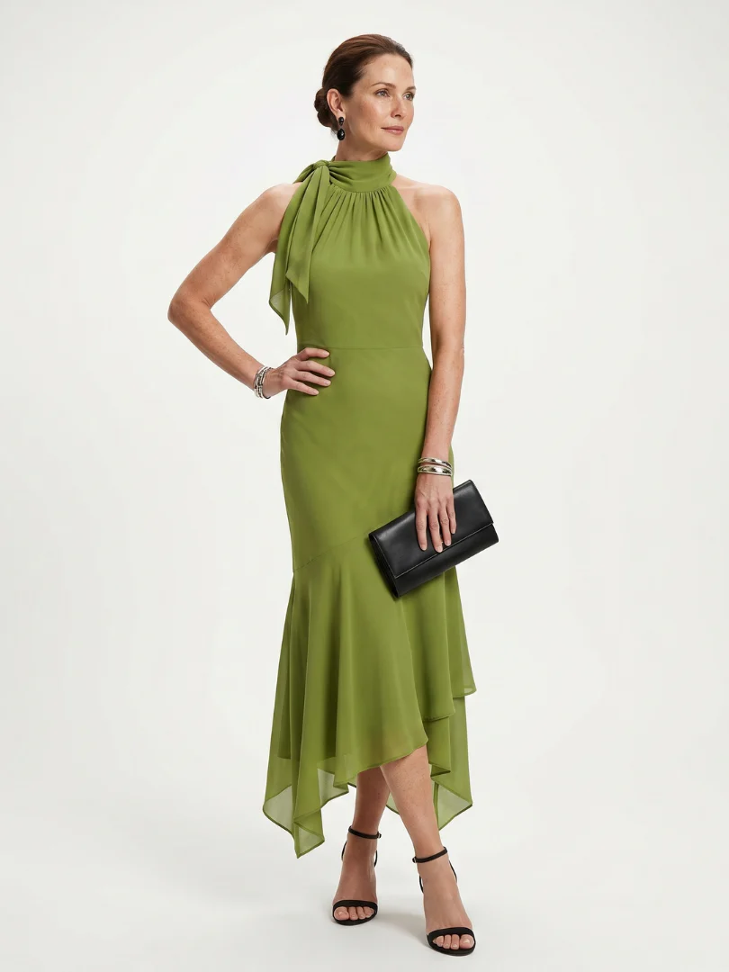 WINIFRED™ - DRAPED HALTER KEYHOLE MIDI DRESS