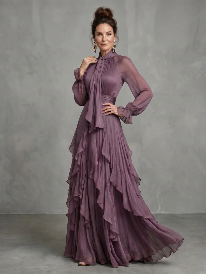 DEMETRIA™ - TIE NECK RUFFLE TIERED MAXI DRESS